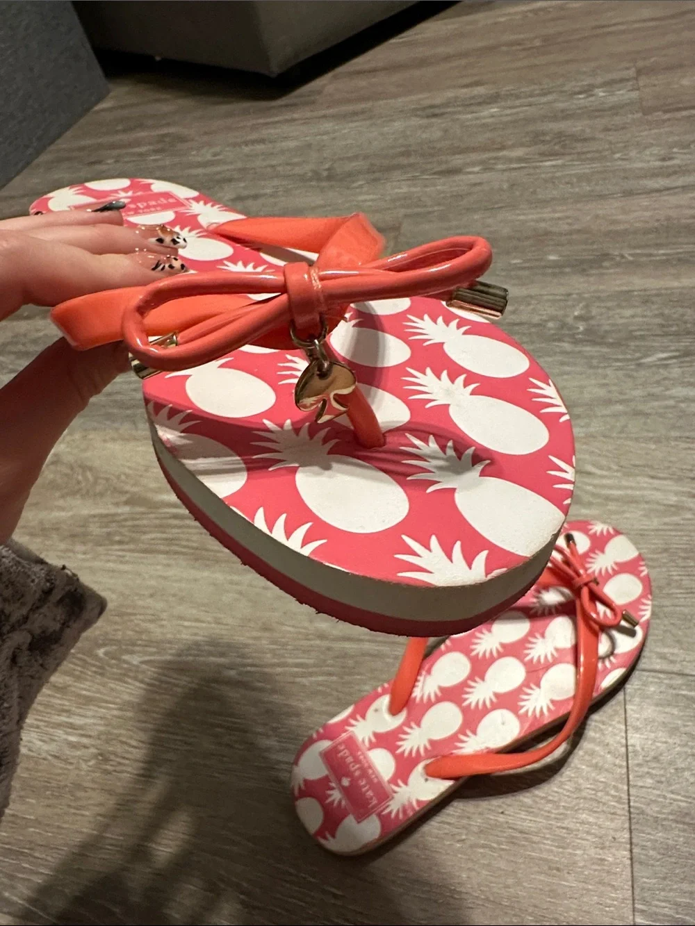 kate spade Coral and White Pineapple Print Bow Flip Flops
